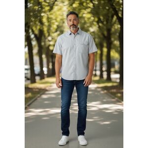 Stoic Gray Short Sleeve Button Up Shirt Men’s Large Casual Outdoor Travel Pocket